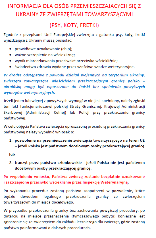 Informacja Powiatowego Lekarza Weterynarii dla uchodźców z Ukrainy